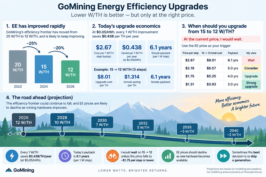 GoMining Energy Efficiency upgrade price and payback projection from 2026 to 2040