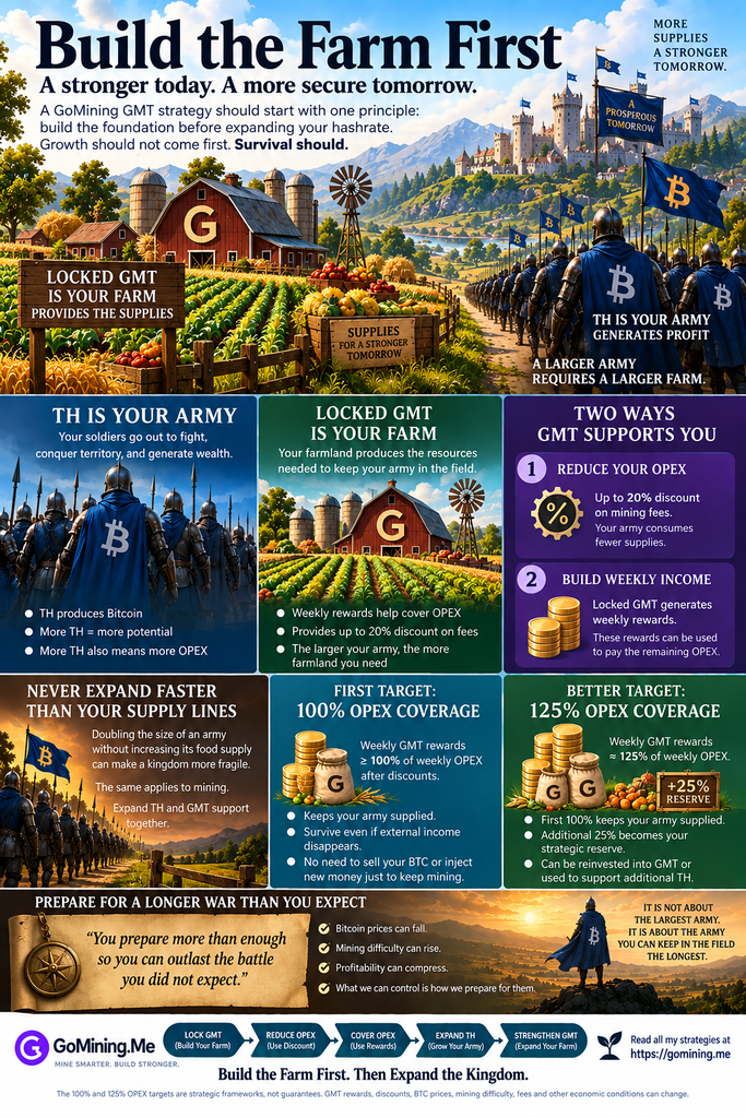 GoMining GMT foundation illustrated as farmland supplying a TH army with OPEX coverage and strategic reserves