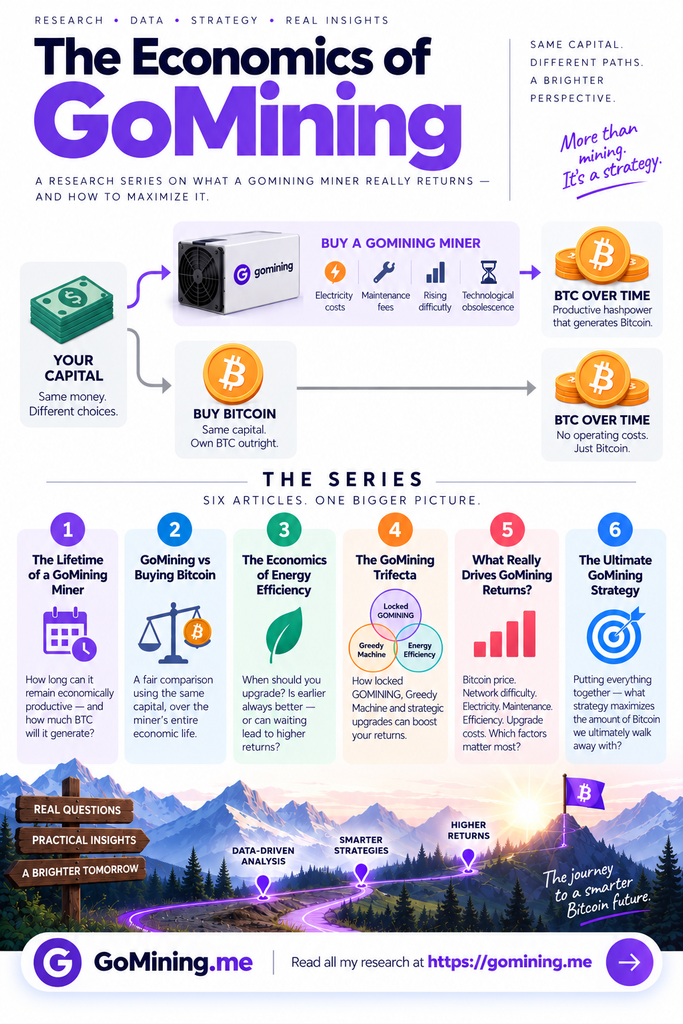 The Economics of Goming research series infographic comparing GoMining miner returns with buying Bitcoin and outlining six research articles.