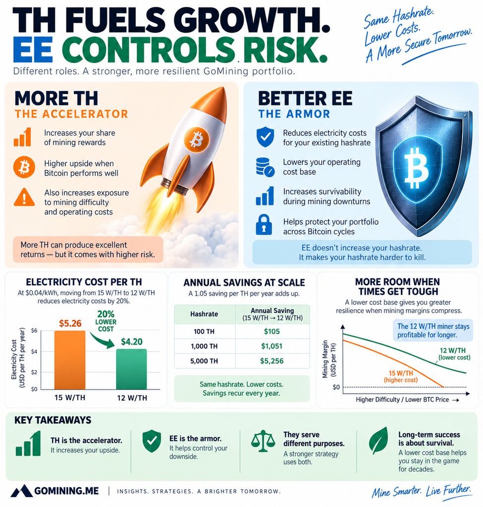 Suggested alt text: GoMining energy efficiency risk-control strategy comparing 15 W/TH and 12 W/TH electricity costs