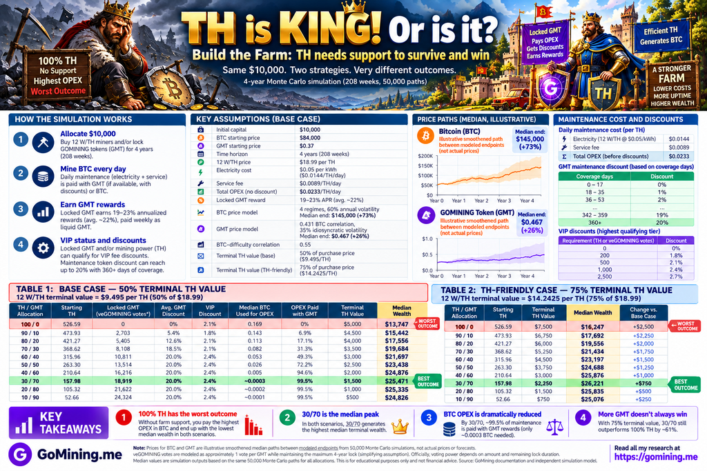 GoMining TH and GMT strategy simulation showing 100% TH producing the lowest median wealth and 30% TH 70% GMT producing the highest median result.